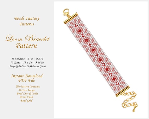 Loom Bead Bracelet, Abstract Miyuki Bracelet, Loom Bracelet Pattern, Rose and Red Loom Seed Bead Stitch Pattern