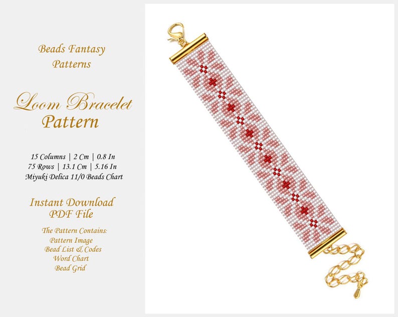 K&ouml;nnte beinhalten: Ein Webmuster f&uuml;r ein Armband mit einem wei&szlig;en und roten Perlenmuster. Das Muster ist 15 Spalten breit und 75 Reihen hoch und misst 2 cm x 13,1 cm. Das Muster ist f&uuml;r die Verwendung mit Miyuki Delica 11/0 Perlen.