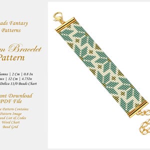 Loom Bead Bracelet Pattern, Floral Green Gold Miyuki Beads Bracelet Pattern, Instant Download PDF