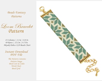 Loom Bead Bracelet Pattern, Floral Green Gold Miyuki Beads Bracelet Pattern, Instant Download PDF