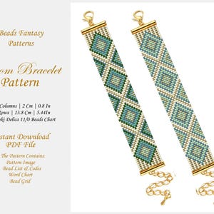 Bead loom bracelet patterns, Set of 2 PDF Abstract Miyuki Delica Pattern, Beading instant download, Green, Gold colors.