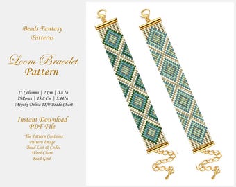 Bead loom bracelet patterns, Set of 2 PDF Abstract Miyuki Delica Pattern, Beading instant download, Green, Gold colors.