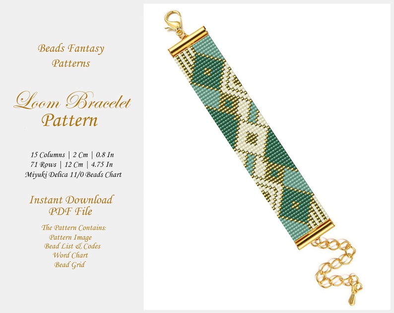 Loom Bracelet Pattern, Abstract Emerald Loom Bead Pattern, Miyuki Gold Green Loom Seed Bead Brick Stitch Pattern image 1