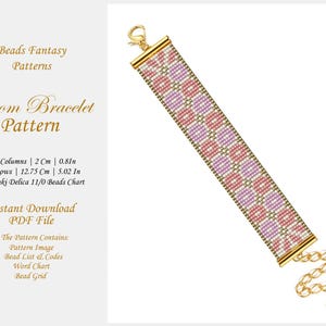 Puede incluir: Un patrón de brazalete tejido con cuentas de color rosa y morado con un cierre y cadena dorados. El patrón incluye una lista de cuentas, un gráfico de palabras y una cuadrícula de cuentas. El patrón es para un brazalete de 12,75 cm (5,02 pulgadas) de largo y 2 cm (0,8 pulgadas) de ancho.