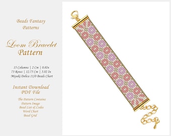 Patrón de telar de cuentas, patrón de pulsera de cuentas de semillas Miyuki, patrón de telar de cuentas con puntada geométrica en tonos rosa y morado