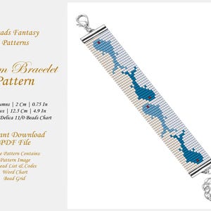 May include: A loom bracelet pattern featuring a design of three blue whales on a white and beige background. The pattern is 15 columns by 72 rows, measuring 2 cm by 12.5 cm. The pattern is made for Miyuki Delica 11/0 beads.