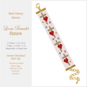 May include: A loom bracelet pattern featuring a white background with horizontal stripes, red hearts, gold crosses, and small blue and orange accents. The text reads Beads Fantasy Patterns, Loom Bracelet Pattern, 15 Columns | 2 Cm | 0.8 In, 74 Rows | 12.95Cm | 5.1 In, Miyuki Delica 11/0 Beads Chart, Instant Download PDF File, The Pattern Contains: Pattern Image, Bead List & Codes, Word Chart, Bead Grid.