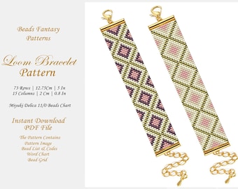 May include: A beaded loom bracelet pattern with a geometric design in pink, white, and green. The pattern includes 73 rows, 15 columns, and is 5 inches long. The pattern is available for instant download as a PDF file.