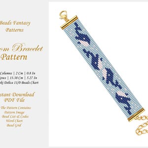 Pode incluir: Um padrão de pulseira de tear de contas azul e branco com um design de golfinhos. O padrão é para uma pulseira de 13,38 cm de comprimento e 2 cm de largura. O padrão inclui uma lista de contas, um gráfico de palavras e uma grade de contas.