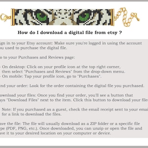 May include: A white and black tiger eye bead bracelet with gold chain ends. Instructions on how to download a digital file from Etsy are shown in the image. The text says "How do I download a digital file from etsy?" and provides step-by-step instructions.