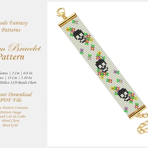 May include: White loom bracelet with a skull and flower pattern. The bracelet is 13 cm (5.10 inches) long and 2 cm (0.8 inches) wide. The pattern includes a bead list, word chart, and bead grid.