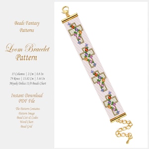 May include: A loom bracelet pattern featuring a light purple background with repeating geometric floral motifs in green, orange, and blue. The text reads Beads Fantasy Patterns, Loom Bracelet Pattern, 15 Columns | 2 Cm | 0.8 In, 79 Rows | 13.82 Cm | 5.44 In, Miyuki Delica 11/0 Beads Chart, Instant Download PDF File.