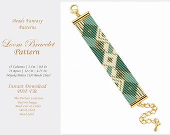 Loom Bracelet Pattern, Abstract Emerald Loom Bead Pattern, Miyuki Gold Green Loom Seed Bead Brick Stitch Pattern
