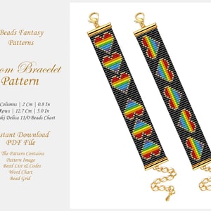 Może przedstawiać: Wzór na bransoletkę tkany z motywem tęczowego serca. Wzór jest przeznaczony dla bransoletki o długości 12,7 cm (5 cali) z koralikami Miyuki Delica 11/0. Wzór zawiera listę koralików, wykres słowny i siatkę koralików.