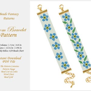 May include: A loom bracelet pattern featuring a design of blue forget-me-not flowers on a white background. The pattern is for a bracelet that is 12.6 cm (4.96 inches) long and 2 cm (0.8 inches) wide. The pattern includes a bead list, word chart, and bead grid.