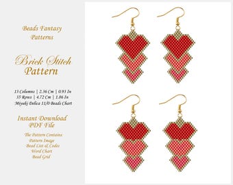 Hearts Brick Stitch Earrings Pattern, Geometric Heart Shape Red and Gold Brick Stitch Earring Pattern, Miyuki Beads, Instant Download PDF