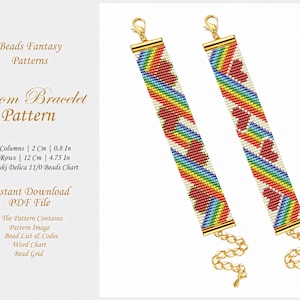 Puede incluir: Dos pulseras de telar de arcoíris con corazones rojos y cierres dorados. Las pulseras miden 12 cm (4,75 pulgadas) de largo y 2 cm (0,8 pulgadas) de ancho. El patrón incluye una lista de cuentas, un gráfico de palabras y una cuadrícula de cuentas.