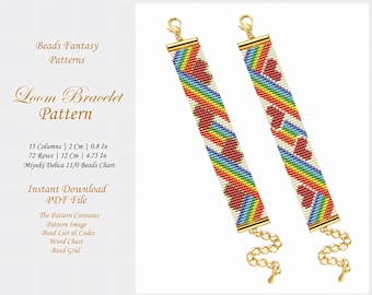 May include: Two rainbow loom bracelets with red hearts and gold clasps. The bracelets are 12 cm (4.75 inches) long and 2 cm (0.8 inches) wide. The pattern includes a bead list, word chart, and bead grid.