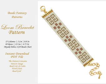 Patrón de pulsera de telar, pulsera de cuentas blancas doradas de Miyuki, pulsera de telar de cuentas doradas, descarga instantánea en PDF