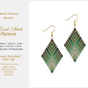 Brick Stitch Earrings Beaded pattern, PDF Brick Stitch Diamond Shaped Beaded Miyuki Delica Beads Colorful Green and Gold earrings pattern.