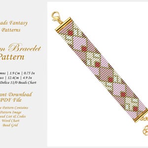 May include: A pink, white and red beaded loom bracelet pattern with gold accents. The pattern includes a bead list, word chart and bead grid. Instant download PDF file.
