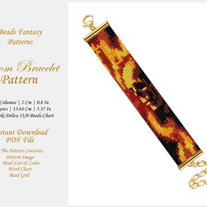 May include: A loom bracelet pattern featuring a colourful abstract design. The pattern includes a bead list, word chart, and bead grid. The bracelet measures 2 cm wide and 13.64 cm long.