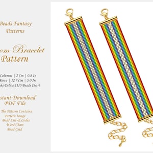Puede incluir: Un patrón de pulsera de telar de arcoíris con un diseño de cuentas y cierres dorados. El patrón incluye una lista de cuentas, un gráfico de palabras y una cuadrícula de cuentas. La pulsera mide 12,7 cm (5,0 pulgadas) de largo y 2 cm (0,8 pulgadas) de ancho.