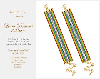 May include: A rainbow loom bracelet pattern featuring a beaded design with gold clasps. The pattern includes a bead list, word chart, and bead grid. The bracelet measures 12.7 cm (5.0 inches) long and 2 cm (0.8 inches) wide.