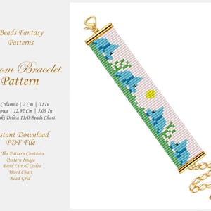 May include: A loom bracelet pattern featuring a design of blue elephants with green leaves on a white background. The pattern is 12.92 cm (5.09 inches) long and 2 cm (0.81 inches) wide. The pattern includes a bead list, word chart, and bead grid.