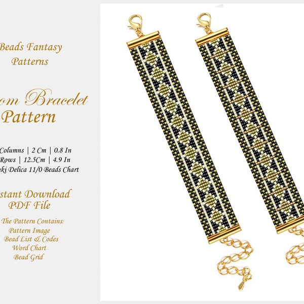 Loom Bracelet Pattern, Miyuki Bead Patterns, Golden Black Bead Loom beading patterns, Miyuki Pattern, Geometric Bead Loom Pattern