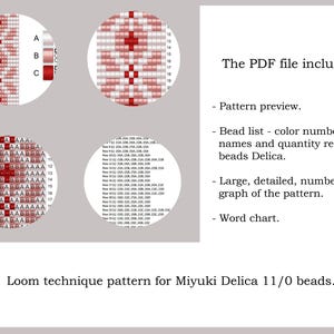 K&ouml;nnte beinhalten: Ein Webmuster f&uuml;r Perlen f&uuml;r ein rot-wei&szlig;es Design. Das Muster enth&auml;lt eine Farbtabelle, eine Perlenliste und eine gro&szlig;e, detaillierte, nummerierte Grafik. Das Muster ist f&uuml;r Miyuki Delica 11/0 Perlen.