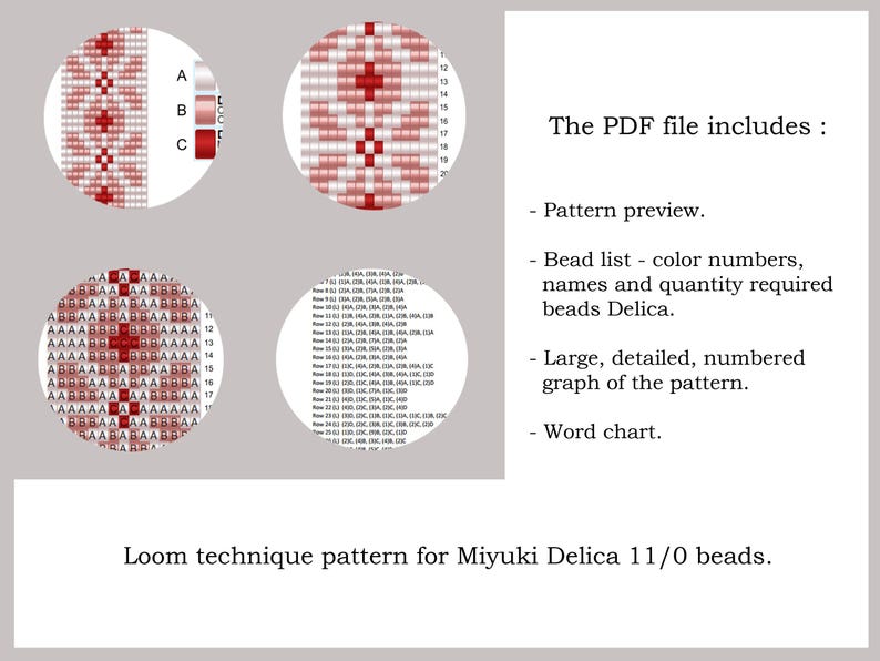 K&ouml;nnte beinhalten: Ein Webmuster f&uuml;r Perlen f&uuml;r ein rot-wei&szlig;es Design. Das Muster enth&auml;lt eine Farbtabelle, eine Perlenliste und eine gro&szlig;e, detaillierte, nummerierte Grafik. Das Muster ist f&uuml;r Miyuki Delica 11/0 Perlen.