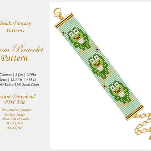 May include: A green and white loom bracelet pattern featuring frogs. The pattern is for a 12.3 cm (4.85 in) bracelet and includes a bead list, word chart, and bead grid. The pattern is for Miyuki Delica 11/0 beads.