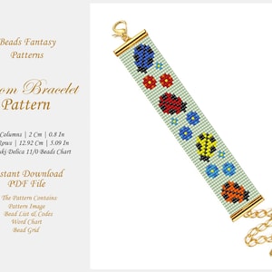 May include: A loom bracelet pattern featuring ladybugs, flowers, and bees. The pattern is made with Miyuki Delica 11/0 beads and measures 2 inches wide by 5.09 inches long. The pattern includes a bead list, word chart, and bead grid.