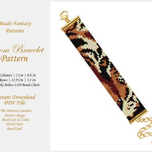 Può includere: Uno schema per braccialetto a telaio con un design mimetico in marrone, beige e nero. Lo schema è per un braccialetto lungo 12,9 cm e largo 2 cm. Lo schema include un elenco di perline, un grafico di parole e una griglia di perline.