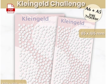 May include: Two pink printable charts with white circles for a coin challenge. The charts are labelled "Kleingeld Challenge" and have a total of 250 euro. The charts are sized 120 x 190 mm and 85 x 165 mm.