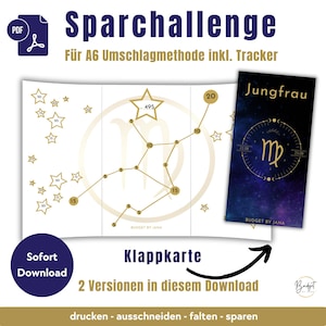 Sparchallenge PDF Sternzeichen "Jungfrau" A6 Klappkarte, Sparspiel Digital sofort Download