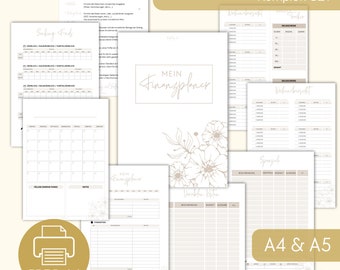May include: A printable budget planner set in A4 and A5 sizes. The set includes a monthly budget planner, a savings tracker, a spending log, and a financial planner. The design features a floral pattern in beige and white.