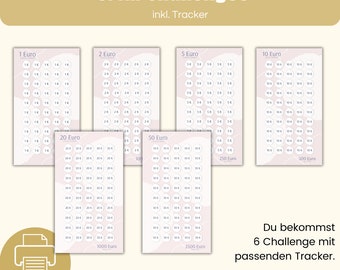 May include: Printable PDF file with six different saving challenges for amounts ranging from 1 Euro to 1000 Euros. Each challenge includes a tracker to track progress. The text "SPAR Challenges" and "inkl. Tracker" is at the top of the image. The text "Du bekommst 6 Challenge mit passenden Tracker." is at the bottom of the image. The text "A6 Passend für Zipperhüllen" is at the bottom right of the image.