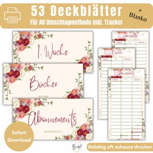 Puede incluir: 53 cubiertas imprimibles para un rastreador de presupuesto A6 con diseños florales. Las cubiertas incluyen títulos para "1. Semana", "Libros" y "Suscripciones".