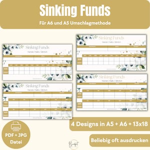 Könnte beinhalten: Vier druckbare Designs für einen Sinking Fund Tracker. Jedes Design zeigt ein Blumenmuster mit weißen Blüten und grünen Blättern auf weißem Hintergrund. Der Text "Sinking Funds" ist in goldenen Buchstaben mit den Worten "Viertel-/Halb-/Jährlich" darunter. Der Text "4 Designs in A5 + A6 + 13x18" ist in schwarzen Buchstaben. Der Text "Beliebig oft ausdrucken" ist in schwarzen Buchstaben.