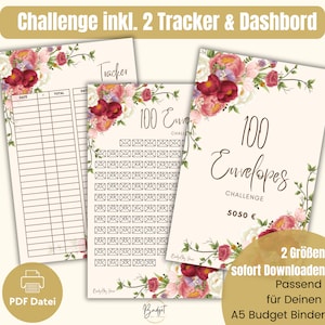 PDF 100 Envelopes Challenge, inkl. Deckblatt und Tracker für A5 Budgetbinder in 2 Größen - Deckblätter für 4er Fachhülle - Sparsumme 5050