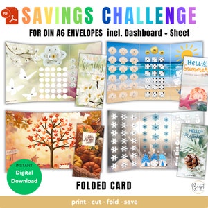 Juego Desafío de Ahorro PDF Seasons A6 Tarjeta plegable, 4 Juego de Ahorro Primavera, Verano, Otoño e Invierno Descarga Instantánea Digital