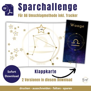 Sfida di risparmio PDF Segno zodiacale "Bilancia" Biglietto pieghevole A6, download immediato digitale del gioco di risparmio