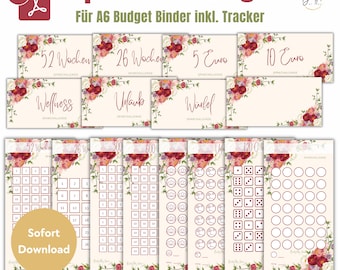 Savings Challenge Set with Cover Pages - A6 Budget Binder Digital Download PDF Budgeting - Envelope Method - Design Red Flowers