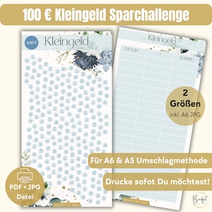 May include: Printable digital download for a 100 Euro coin saving challenge. The printable features a blue and green watercolor floral design with gold accents. The printable includes a tracker sheet and a coin tracker sheet. The text on the printable says "100 Euro Kleingeld Sparchallenge" and "Kleingeld Challenge".