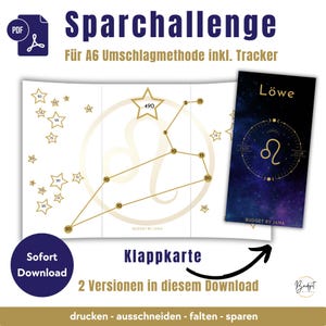 Sparchallenge PDF Sternzeichen "Löwe" A6 Klappkarte, Sparspiel Digital sofort Download