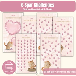 A6 Sparchallenges Set für Umschlagmethode, passend für A6 Geldumschläge und Klarsichthüllen für deinen Budget Binder im 3D Katzen Design