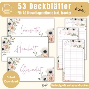 Puede incluir: Conjunto de hojas de seguimiento de presupuesto imprimibles A6 con diseño floral. Las hojas imprimibles están etiquetadas como "Lebensmittel", "Haushalt" y "Gesundheit".