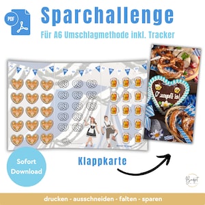 PDF Desafío de ahorro del Oktoberfest como juego de ahorro A6 con tarjeta plegable para la descarga digital de los prados